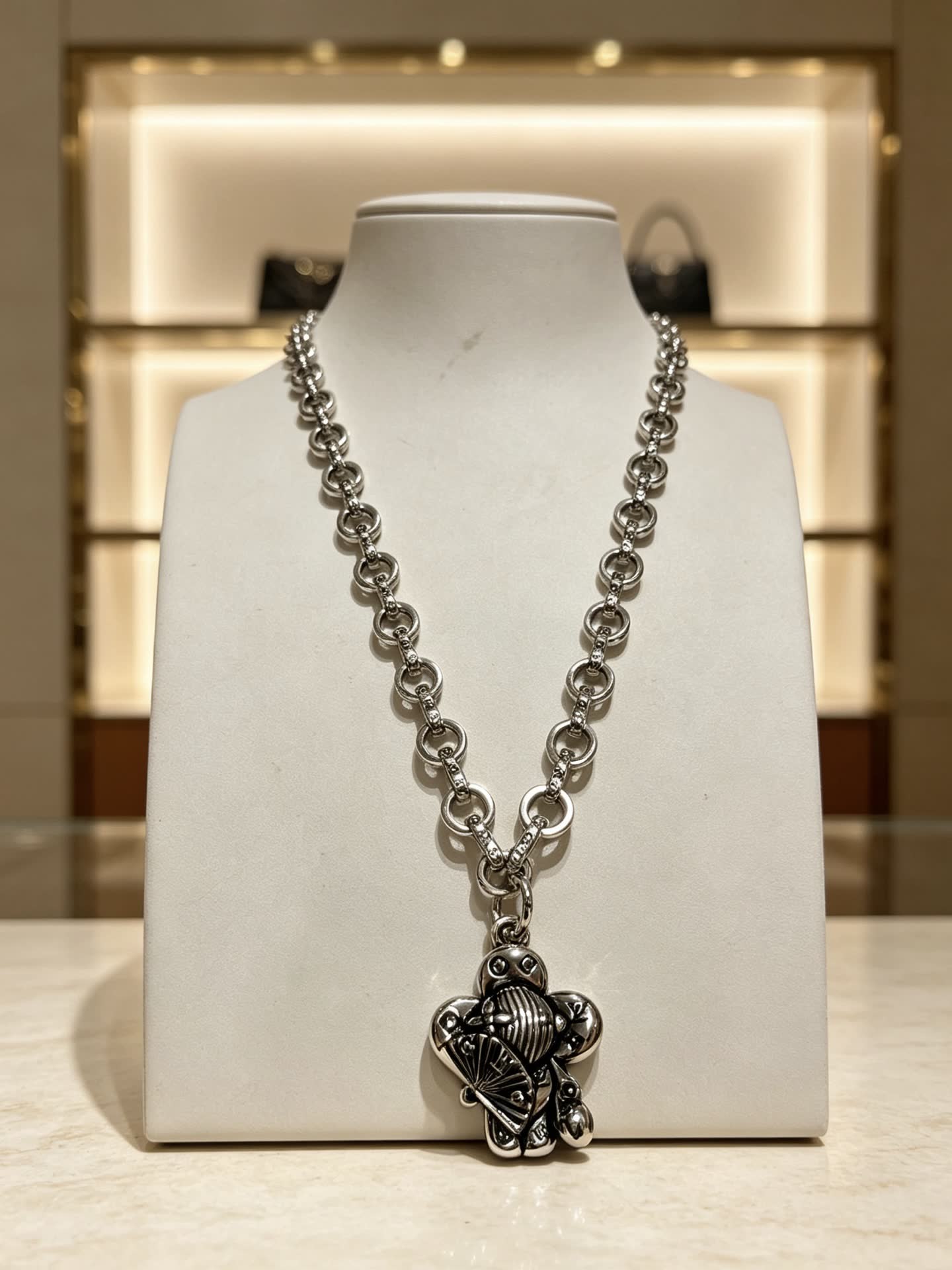 Louis Vuitton Silver Chain Necklace with Medallion